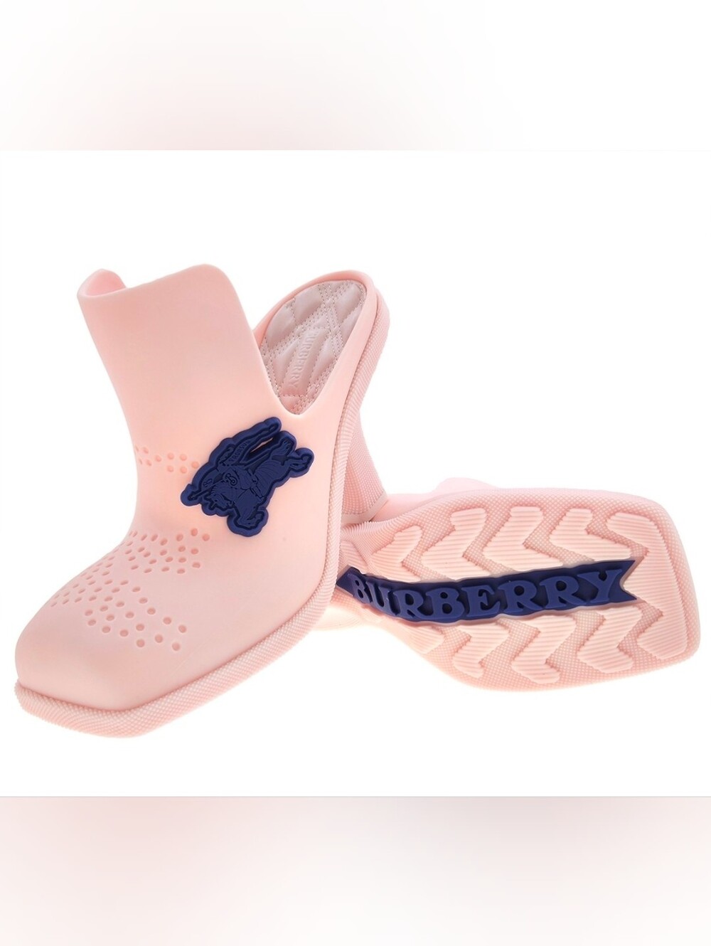 Burberry Pink Slip-On Rubber Clogs with Navy Logo Accent